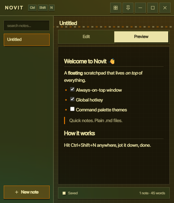 Novit preview tab showing a rendered note with a task list